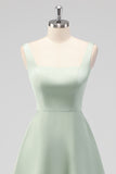 Sage Green Square Neck Satin A Line Tea Length Bridesmaid Dress