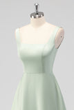 Sage Green Square Neck Satin A Line Tea Length Bridesmaid Dress