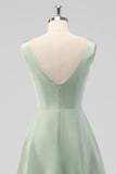 Sage Green Square Neck Satin A Line Tea Length Bridesmaid Dress