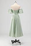 Sage Green Off the Shoulder Satin A Line Tea Length Bridesmaid Dress