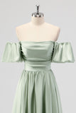 Sage Green Off the Shoulder Satin A Line Tea Length Bridesmaid Dress