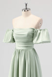 Sage Green Off the Shoulder Satin A Line Tea Length Bridesmaid Dress