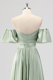 Sage Green Off the Shoulder Satin A Line Tea Length Bridesmaid Dress