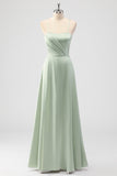 Sage Green Spaghetti Straps Satin A Line Bridesmaid Dress