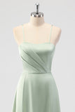 Sage Green Spaghetti Straps Satin A Line Bridesmaid Dress