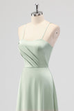 Sage Green Spaghetti Straps Satin A Line Bridesmaid Dress