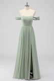 A Line Sage Green Off the Shoulder Pleated Bridesmaid Dress with Slit