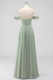 A Line Sage Green Off the Shoulder Pleated Bridesmaid Dress with Slit