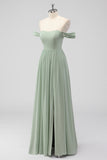 A Line Sage Green Off the Shoulder Pleated Bridesmaid Dress with Slit