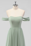 A Line Sage Green Off the Shoulder Pleated Bridesmaid Dress with Slit