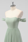 A Line Sage Green Off the Shoulder Pleated Bridesmaid Dress with Slit