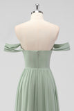 A Line Sage Green Off the Shoulder Pleated Bridesmaid Dress with Slit