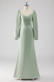 Sage Green Long Sleeves A Line Long Bridesmaid Dress