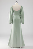 Sage Green Long Sleeves A Line Long Bridesmaid Dress