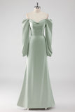 Sage Green Long Sleeves A Line Long Bridesmaid Dress