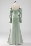 Sage Green Long Sleeves A Line Long Bridesmaid Dress