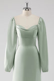 Sage Green Long Sleeves A Line Long Bridesmaid Dress