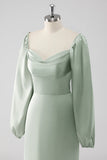 Sage Green Long Sleeves A Line Long Bridesmaid Dress