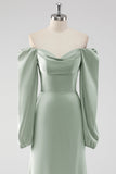 Sage Green Long Sleeves A Line Long Bridesmaid Dress