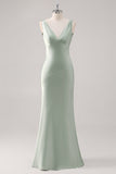 Satin Sheath Sage Green V Neck Backless Long Bridesmaid Dress