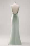 Satin Sheath Sage Green V Neck Backless Long Bridesmaid Dress