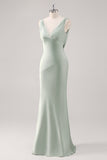 Satin Sheath Sage Green V Neck Backless Long Bridesmaid Dress