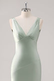 Satin Sheath Sage Green V Neck Backless Long Bridesmaid Dress