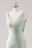 Satin Sheath Sage Green V Neck Backless Long Bridesmaid Dress