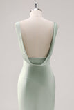 Satin Sheath Sage Green V Neck Backless Long Bridesmaid Dress