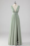 A Line Chiffon V Neck Long Sage Green Bridesmaid Dress with Slit