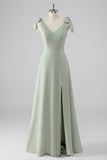 Sage Green V Neck A Line Bow Tie Bridesmaid Dress with Slit