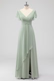 V Neck A Line Sage Green Ruffled Bridesmaid Dress with Slit