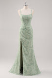 Green Corset Ruched Mermaid Floral Bridesmaid Dress with Slit