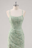 Green Corset Ruched Mermaid Floral Bridesmaid Dress with Slit