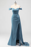 Dusty Blue Mermaid Off the Shoulder Side Cape Bridesmaid Dress with Slit