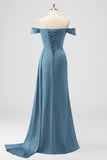 Dusty Blue Mermaid Off the Shoulder Side Cape Bridesmaid Dress with Slit