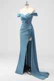 Dusty Blue Mermaid Off the Shoulder Side Cape Bridesmaid Dress with Slit