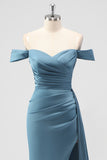 Dusty Blue Mermaid Off the Shoulder Side Cape Bridesmaid Dress with Slit