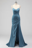 Spaghetti Straps Dusty Blue Mermaid Ruched Bridesmaid Dress with Slit