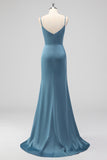 Spaghetti Straps Dusty Blue Mermaid Ruched Bridesmaid Dress with Slit