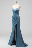 Spaghetti Straps Dusty Blue Mermaid Ruched Bridesmaid Dress with Slit