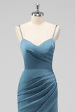 Spaghetti Straps Dusty Blue Mermaid Ruched Bridesmaid Dress with Slit