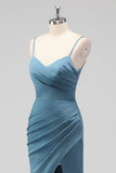 Spaghetti Straps Dusty Blue Mermaid Ruched Bridesmaid Dress with Slit