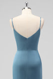 Spaghetti Straps Dusty Blue Mermaid Ruched Bridesmaid Dress with Slit