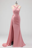 Blush Halter Mermaid Ruched Side Cape Bridesmaid Dress with Slit