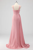 Blush Halter Mermaid Ruched Side Cape Bridesmaid Dress with Slit