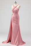 Blush Halter Mermaid Ruched Side Cape Bridesmaid Dress with Slit