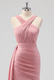 Blush Halter Mermaid Ruched Side Cape Bridesmaid Dress with Slit