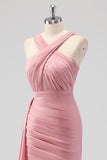 Blush Halter Mermaid Ruched Side Cape Bridesmaid Dress with Slit