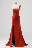 Rust One Shoulder Mermaid Satin Bridesmaid Dress with Slit